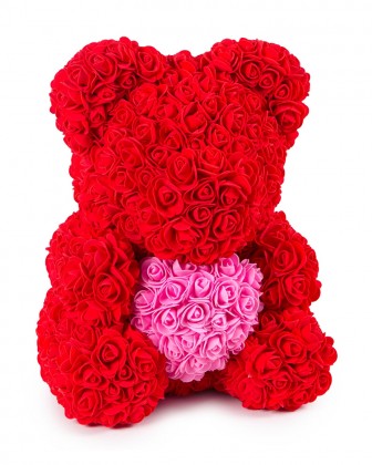 Kırmızı Güllü Pembe Kalpli 40cm Ayıcık Teddy Rose