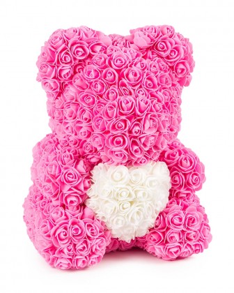 Pembe Güllü Beyaz Kalpli Solmayan Gül 40 cm Ayıcık Teddy Rose