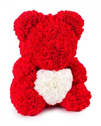 Kırmızı Güllü Beyaz Kalpli 40 cm Ayıcık Teddy Rose